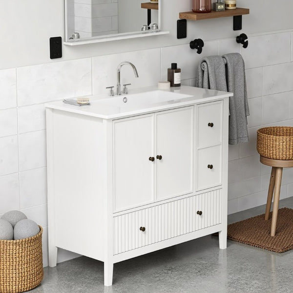 English Elm 36 Inch Floating Bathroom Vanity with Ceramic Sink Fluted Drawers Brass Hardware T6051P539653