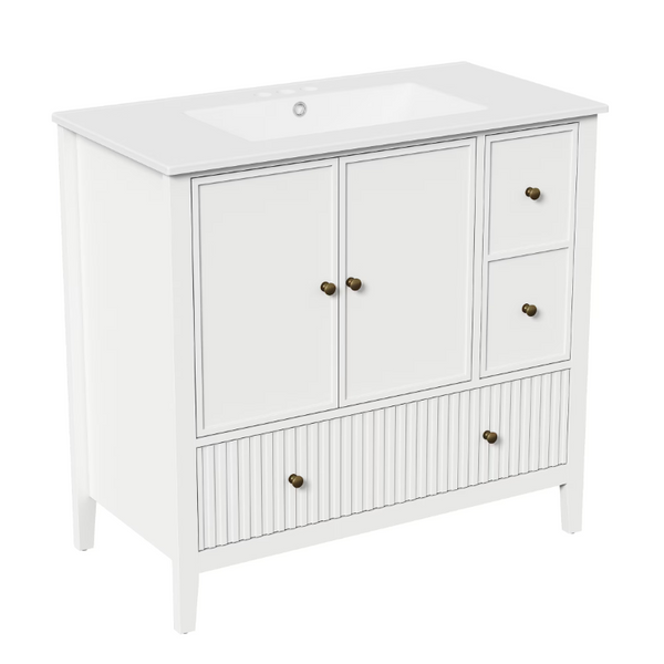 English Elm 36 Inch Floating Bathroom Vanity with Ceramic Sink Fluted Drawers Brass Hardware T6051P539653