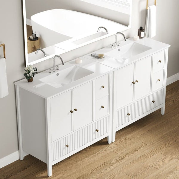 English Elm 36 Inch Floating Bathroom Vanity with Ceramic Sink Fluted Drawers Brass Hardware T6051P539653