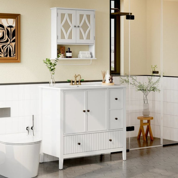 English Elm 36 Inch Floating Bathroom Vanity with Ceramic Sink Fluted Drawers Brass Hardware T6051P539653