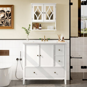 English Elm 36 Inch Floating Bathroom Vanity with Ceramic Sink Fluted Drawers Brass Hardware T6051P539653