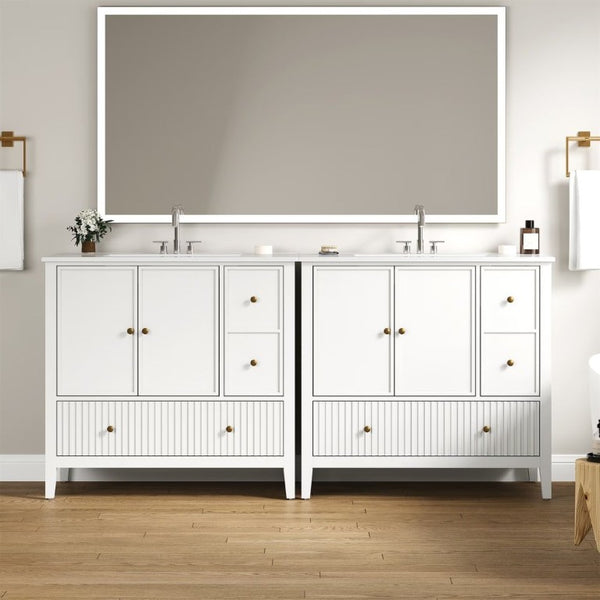 English Elm 36 Inch Floating Bathroom Vanity with Ceramic Sink Fluted Drawers Brass Hardware T6051P539653