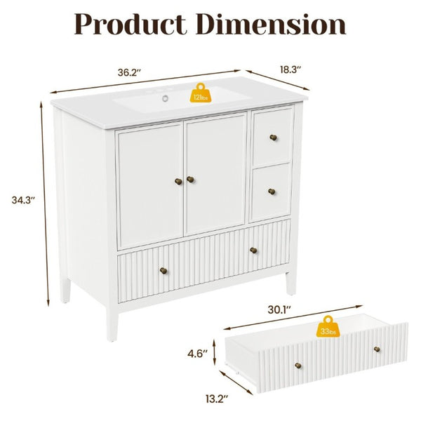 English Elm 36 Inch Floating Bathroom Vanity with Ceramic Sink Fluted Drawers Brass Hardware T6051P539653