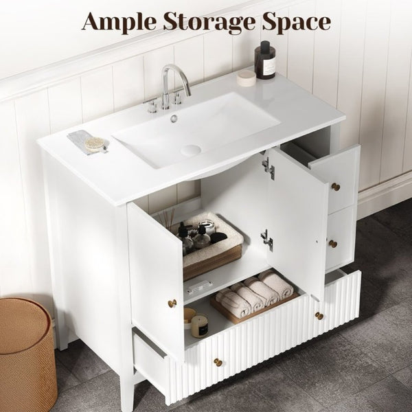 English Elm 36 Inch Floating Bathroom Vanity with Ceramic Sink Fluted Drawers Brass Hardware T6051P539653