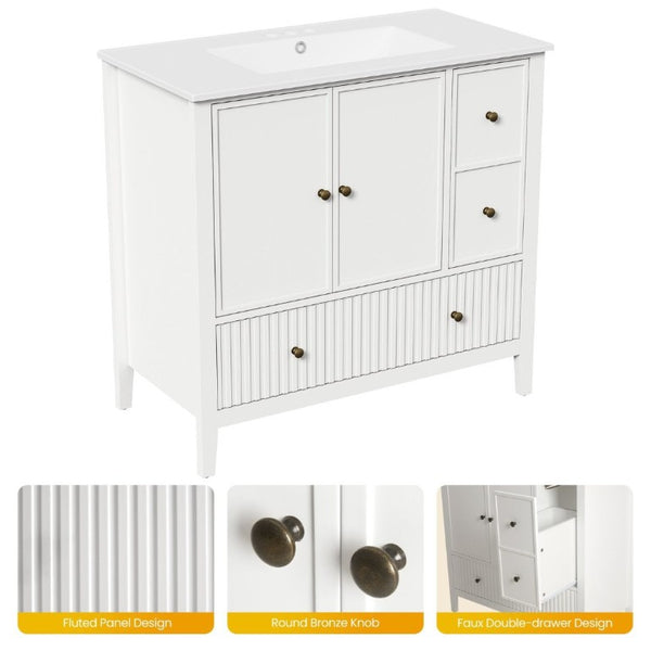English Elm 36 Inch Floating Bathroom Vanity with Ceramic Sink Fluted Drawers Brass Hardware T6051P539653
