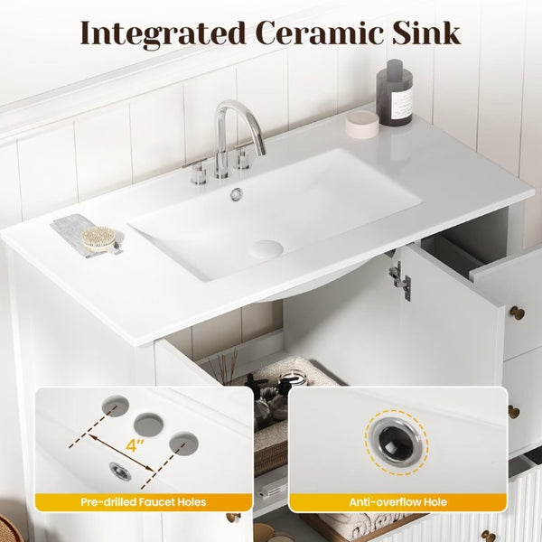 English Elm 36 Inch Floating Bathroom Vanity with Ceramic Sink Fluted Drawers Brass Hardware T6051P539653