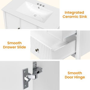 English Elm 36 Inch Floating Bathroom Vanity with Ceramic Sink Fluted Drawers Brass Hardware T6051P539653