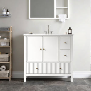 English Elm 36 Inch Floating Bathroom Vanity with Ceramic Sink Fluted Drawers Brass Hardware T6051P539653