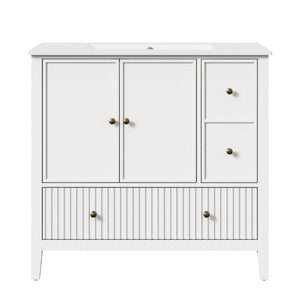 English Elm 36 Inch Floating Bathroom Vanity with Ceramic Sink Fluted Drawers Brass Hardware T6051P539653