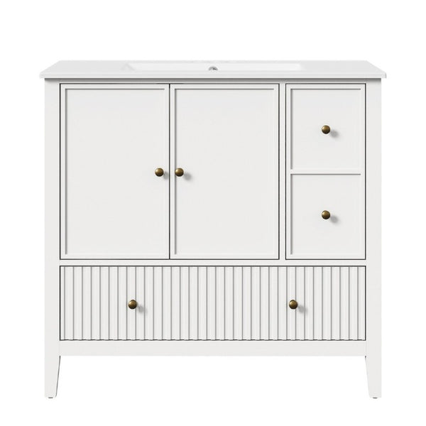 English Elm 36 Inch Floating Bathroom Vanity with Ceramic Sink Fluted Drawers Brass Hardware T6051P539653