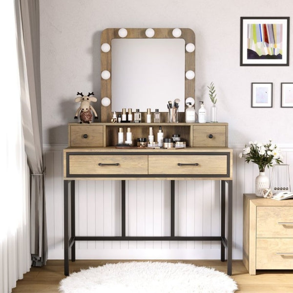 English Elm Vanity Desk with Hollywood Lighted Mirror 4 Drawers Dimmable LED Bedroom Makeup Table Brown T6051P542146