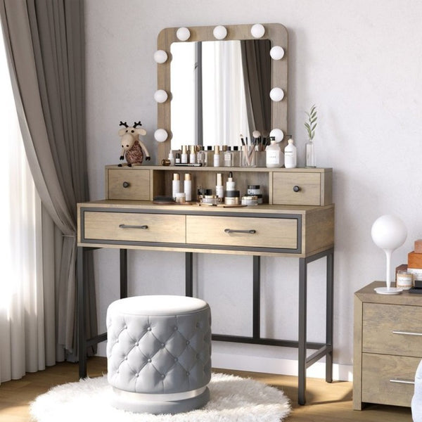 English Elm Vanity Desk with Hollywood Lighted Mirror 4 Drawers Dimmable LED Bedroom Makeup Table Brown T6051P542146