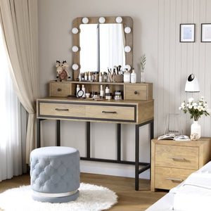 English Elm Vanity Desk with Hollywood Lighted Mirror 4 Drawers Dimmable LED Bedroom Makeup Table Brown T6051P542146