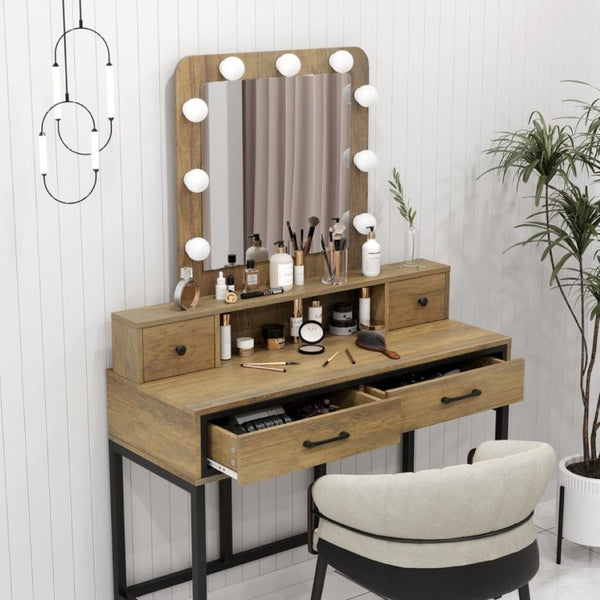English Elm Vanity Desk with Hollywood Lighted Mirror 4 Drawers Dimmable LED Bedroom Makeup Table Brown T6051P542146