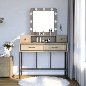 English Elm Vanity Desk with Hollywood Lighted Mirror 4 Drawers Dimmable LED Bedroom Makeup Table Brown T6051P542146