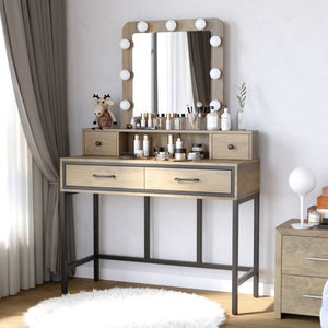 English Elm Vanity Desk with Hollywood Lighted Mirror 4 Drawers Dimmable LED Bedroom Makeup Table Brown T6051P542146