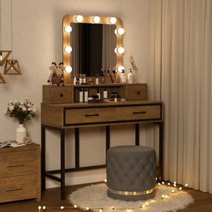 English Elm Vanity Desk with Hollywood Lighted Mirror 4 Drawers Dimmable LED Bedroom Makeup Table Brown T6051P542146