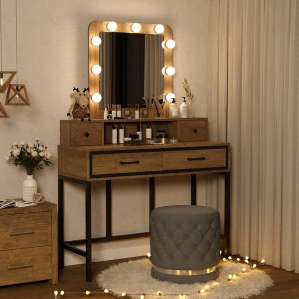 English Elm Vanity Desk with Hollywood Lighted Mirror 4 Drawers Dimmable LED Bedroom Makeup Table Brown T6051P542146