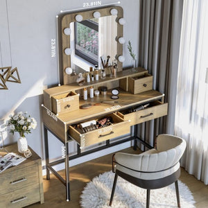 English Elm Vanity Desk with Hollywood Lighted Mirror 4 Drawers Dimmable LED Bedroom Makeup Table Brown T6051P542146