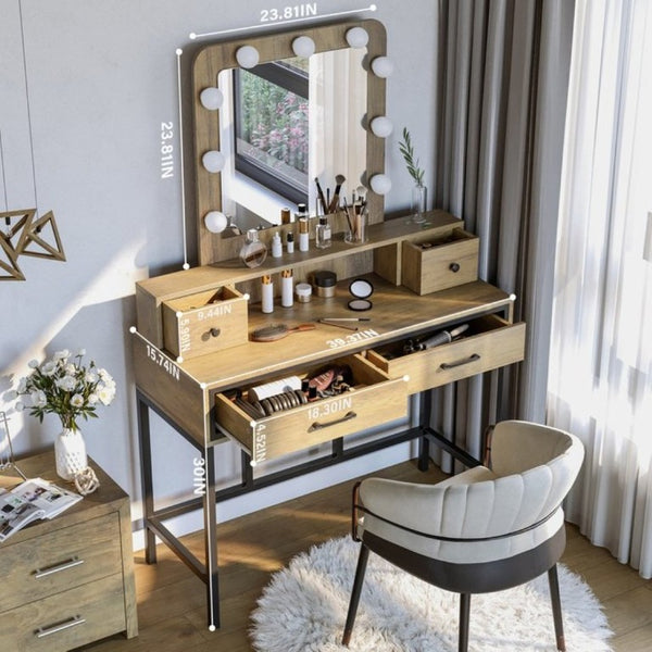 English Elm Vanity Desk with Hollywood Lighted Mirror 4 Drawers Dimmable LED Bedroom Makeup Table Brown T6051P542146