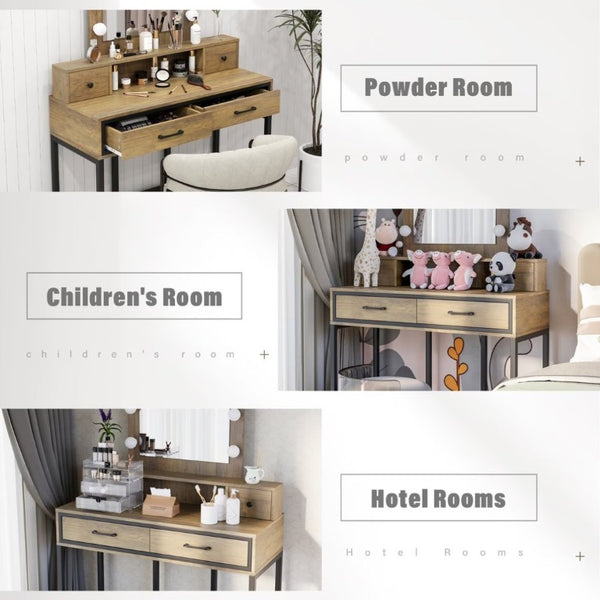 English Elm Vanity Desk with Hollywood Lighted Mirror 4 Drawers Dimmable LED Bedroom Makeup Table Brown T6051P542146