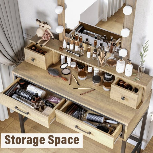 English Elm Vanity Desk with Hollywood Lighted Mirror 4 Drawers Dimmable LED Bedroom Makeup Table Brown T6051P542146