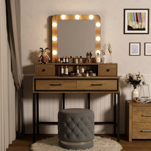 English Elm Vanity Desk with Hollywood Lighted Mirror 4 Drawers Dimmable LED Bedroom Makeup Table Brown T6051P542146