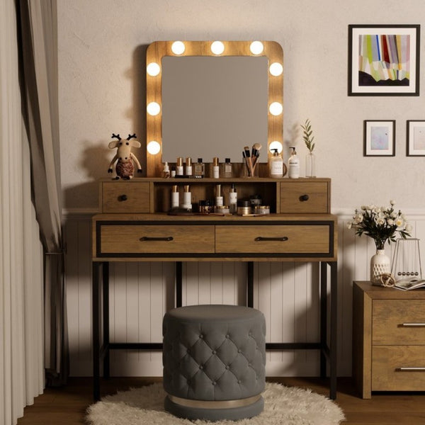 English Elm Vanity Desk with Hollywood Lighted Mirror 4 Drawers Dimmable LED Bedroom Makeup Table Brown T6051P542146