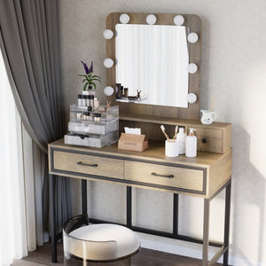 English Elm Vanity Desk with Hollywood Lighted Mirror 4 Drawers Dimmable LED Bedroom Makeup Table Brown T6051P542146