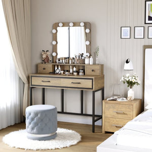 English Elm Vanity Desk with Hollywood Lighted Mirror 4 Drawers Dimmable LED Bedroom Makeup Table Brown T6051P542146