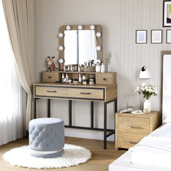 English Elm Vanity Desk with Hollywood Lighted Mirror 4 Drawers Dimmable LED Bedroom Makeup Table Brown T6051P542146