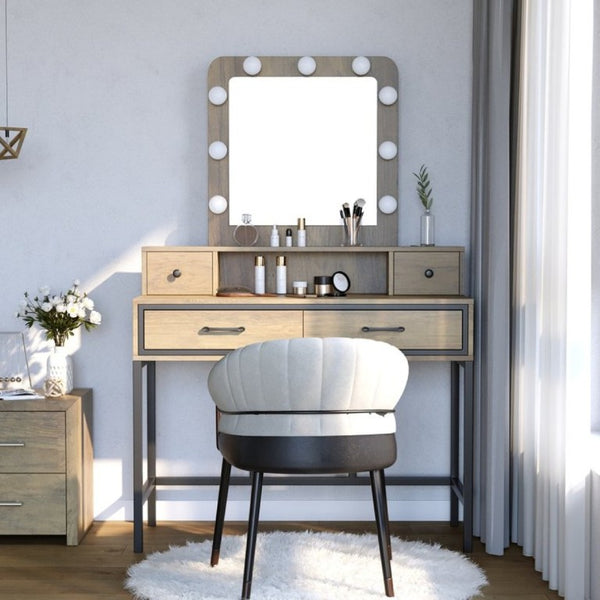 English Elm Vanity Desk with Hollywood Lighted Mirror 4 Drawers Dimmable LED Bedroom Makeup Table Brown T6051P542146