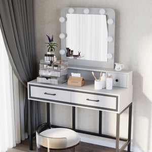 English Elm Vanity Desk with Hollywood Lighted Mirror 4 Drawers Dimmable LED Bedroom Makeup Table White T6051P542920