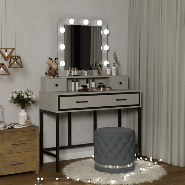 English Elm Vanity Desk with Hollywood Lighted Mirror 4 Drawers Dimmable LED Bedroom Makeup Table White T6051P542920