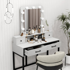 English Elm Vanity Desk with Hollywood Lighted Mirror 4 Drawers Dimmable LED Bedroom Makeup Table White T6051P542920