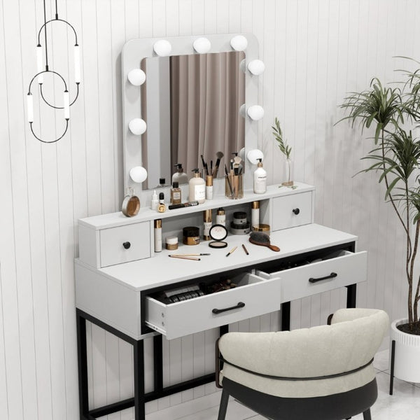 English Elm Vanity Desk with Hollywood Lighted Mirror 4 Drawers Dimmable LED Bedroom Makeup Table White T6051P542920
