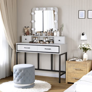 English Elm Vanity Desk with Hollywood Lighted Mirror 4 Drawers Dimmable LED Bedroom Makeup Table White T6051P542920