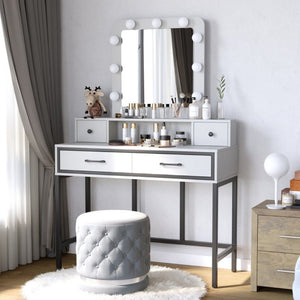 English Elm Vanity Desk with Hollywood Lighted Mirror 4 Drawers Dimmable LED Bedroom Makeup Table White T6051P542920