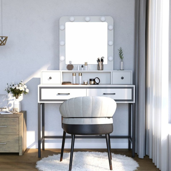 English Elm Vanity Desk with Hollywood Lighted Mirror 4 Drawers Dimmable LED Bedroom Makeup Table White T6051P542920