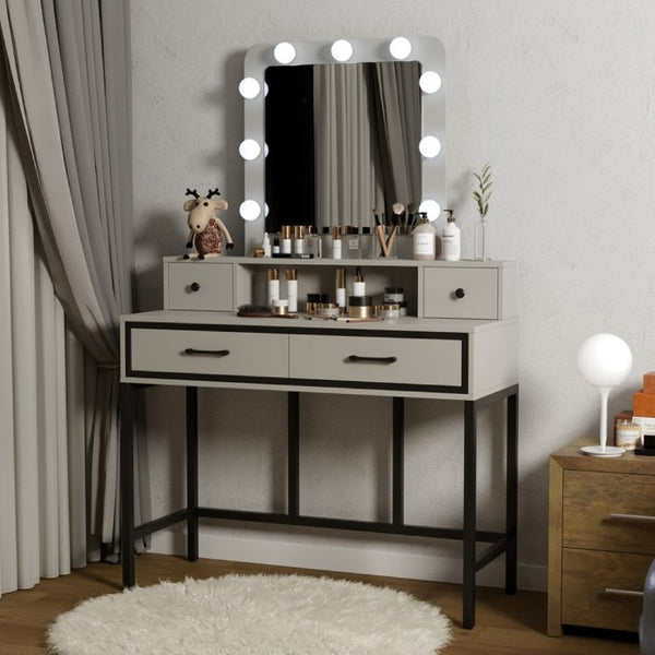English Elm Vanity Desk with Hollywood Lighted Mirror 4 Drawers Dimmable LED Bedroom Makeup Table White T6051P542920
