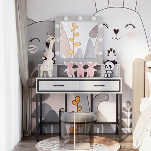 English Elm Vanity Desk with Hollywood Lighted Mirror 4 Drawers Dimmable LED Bedroom Makeup Table White T6051P542920