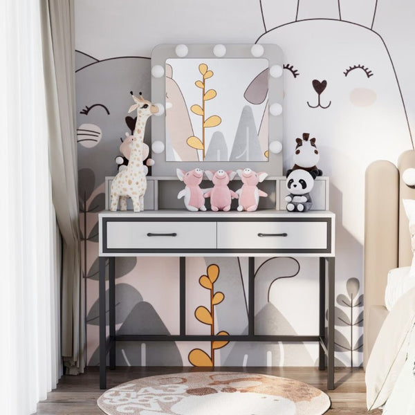 English Elm Vanity Desk with Hollywood Lighted Mirror 4 Drawers Dimmable LED Bedroom Makeup Table White T6051P542920