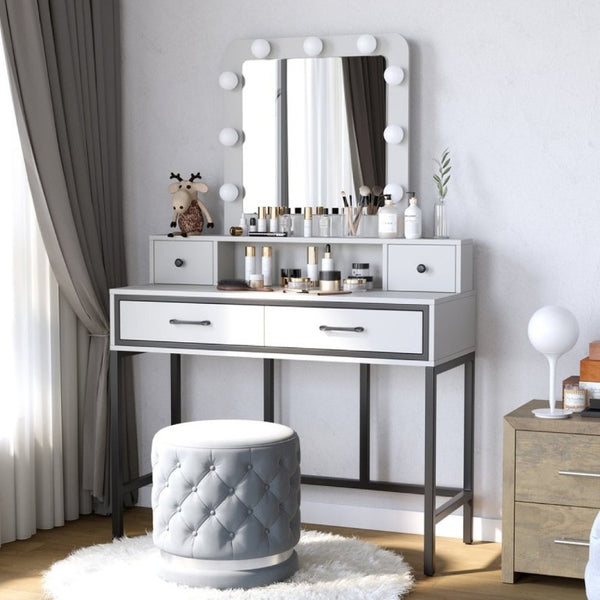 English Elm Vanity Desk with Hollywood Lighted Mirror 4 Drawers Dimmable LED Bedroom Makeup Table White T6051P542920