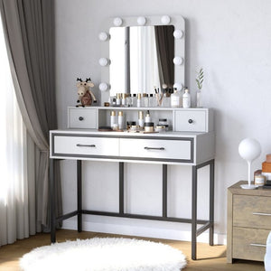 English Elm Vanity Desk with Hollywood Lighted Mirror 4 Drawers Dimmable LED Bedroom Makeup Table White T6051P542920