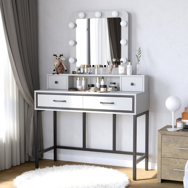English Elm Vanity Desk with Hollywood Lighted Mirror 4 Drawers Dimmable LED Bedroom Makeup Table White T6051P542920