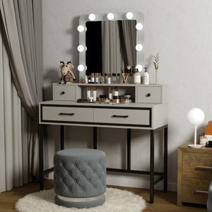 English Elm Vanity Desk with Hollywood Lighted Mirror 4 Drawers Dimmable LED Bedroom Makeup Table White T6051P542920