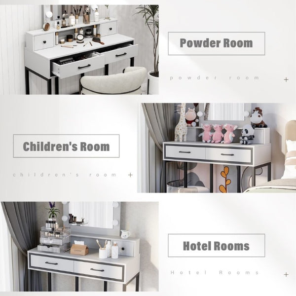 English Elm Vanity Desk with Hollywood Lighted Mirror 4 Drawers Dimmable LED Bedroom Makeup Table White T6051P542920