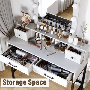English Elm Vanity Desk with Hollywood Lighted Mirror 4 Drawers Dimmable LED Bedroom Makeup Table White T6051P542920