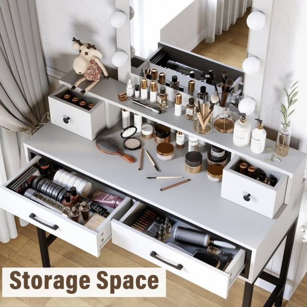 English Elm Vanity Desk with Hollywood Lighted Mirror 4 Drawers Dimmable LED Bedroom Makeup Table White T6051P542920