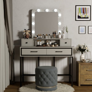 English Elm Vanity Desk with Hollywood Lighted Mirror 4 Drawers Dimmable LED Bedroom Makeup Table White T6051P542920
